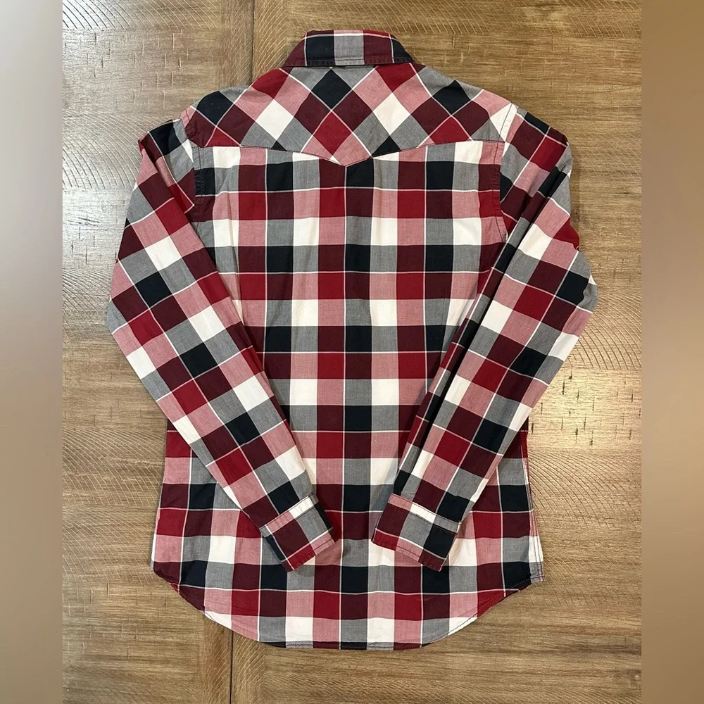 Express Men's Maroon/ White Plaid Button Up Fitted Shirt Size M Front Pockets - Picture 15 of 16